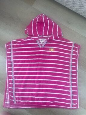 Hatley Hot Pink & White Striped Hooded Poncho with Sun Embroidery